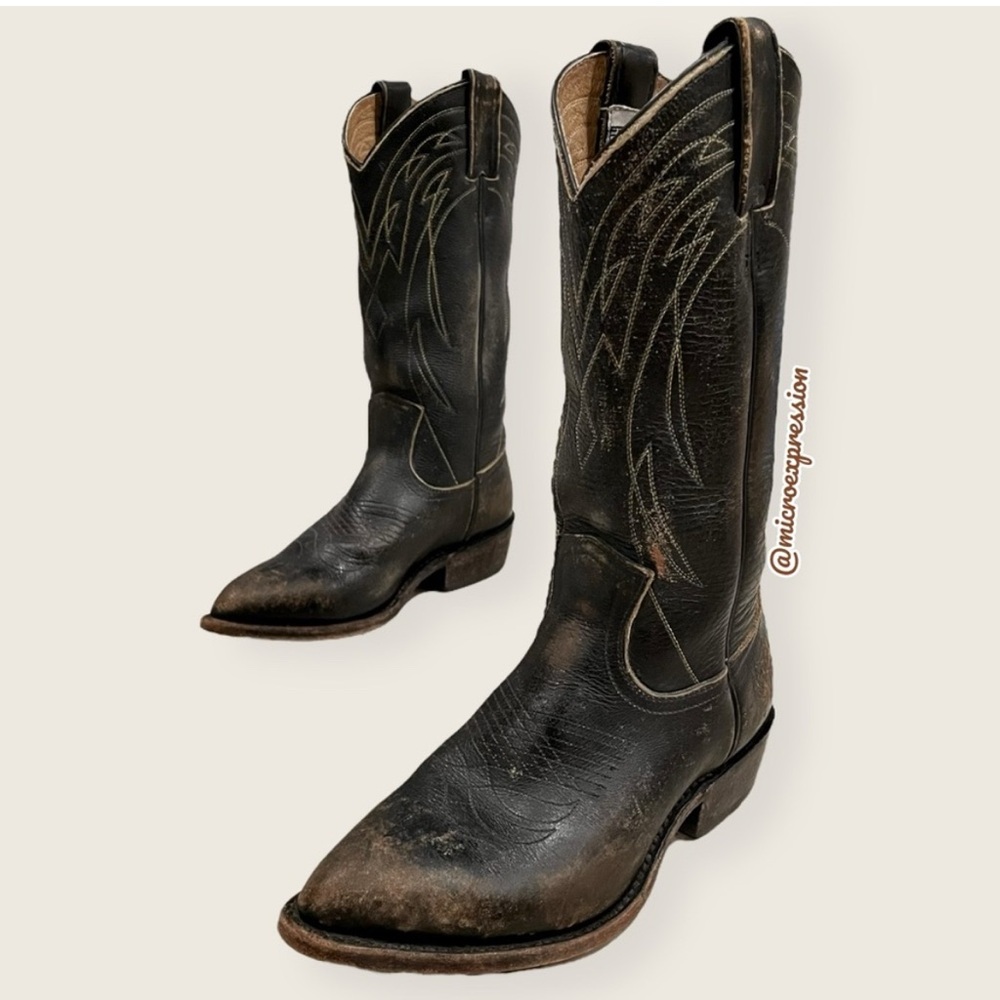 Frye Billy Pull On Distressed Black Brown Leather Cowboy Southwestern Tall Boot